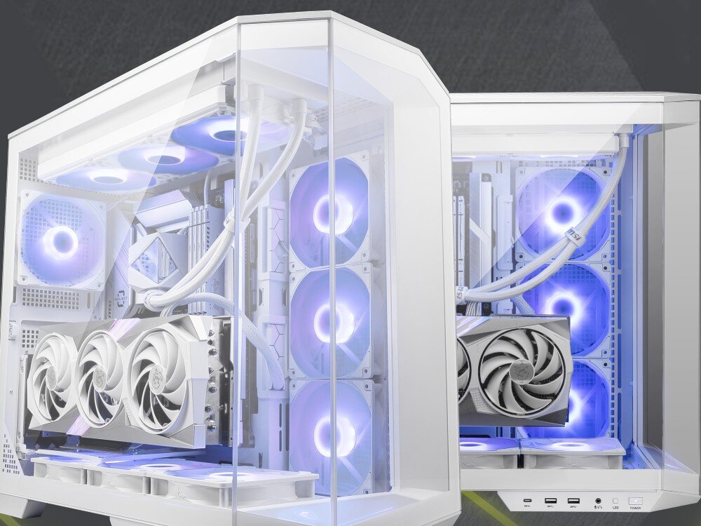 Biała obudowa komputerowa z przezroczystym panelem, wewnątrz której znajdują się podświetlane wentylatory i komponenty komputerowe. Obudowa ma nowoczesny design z widocznymi elementami chłodzenia cieczą.