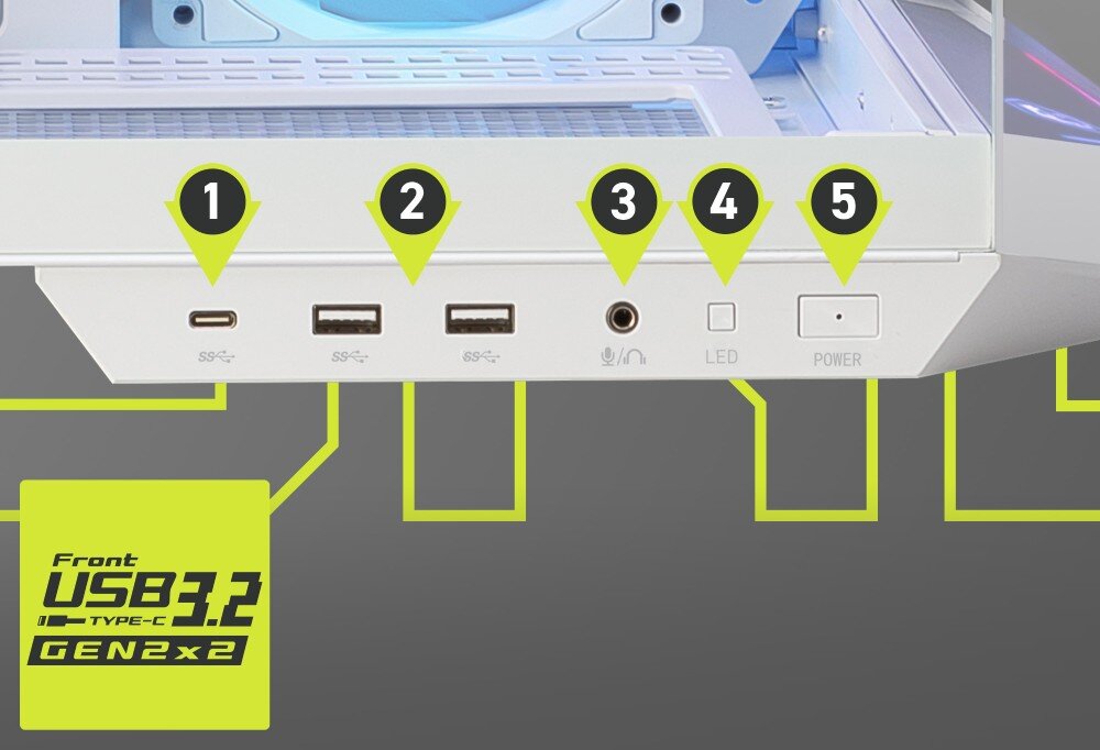 Obraz przedstawia panel przedni obudowy z portami: USB typu C, dwa porty USB, gniazdo audio, przycisk LED i przycisk zasilania. Widoczny jest tekst: \'Front USB 3.2 Gen 2x2\'.