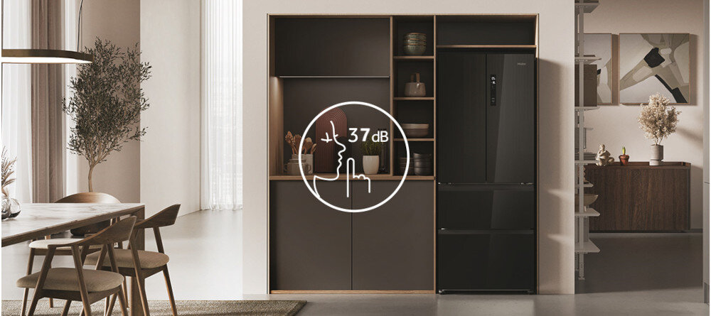 LODÓWKA HAIER HFR3718ENGB Dyskretna praca urządzenia cicha bez zakłócania spokoju 37 dB stylowa funkcjonalna