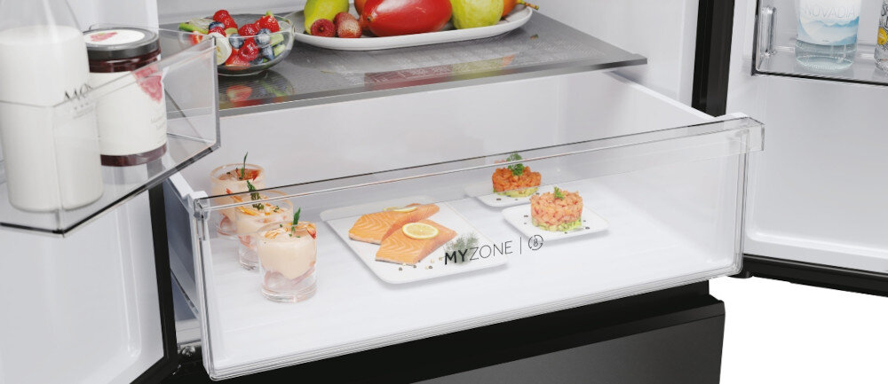 LODÓWKA HAIER HFR3718ENGB dostosuj temperaturę szuflada regulacja wilgotność mięso ryby warzywa owoce warunki