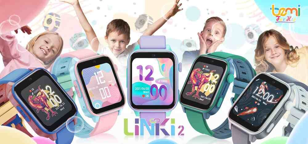 Na obrazie widoczne są różne modele smartwatchy z kolorowymi wyświetlaczami, a w tle znajdują się uśmiechnięte dzieci. Na środku znajduje się napis \'LINKI 2\', a w prawym górnym rogu logo \'bemi\'.