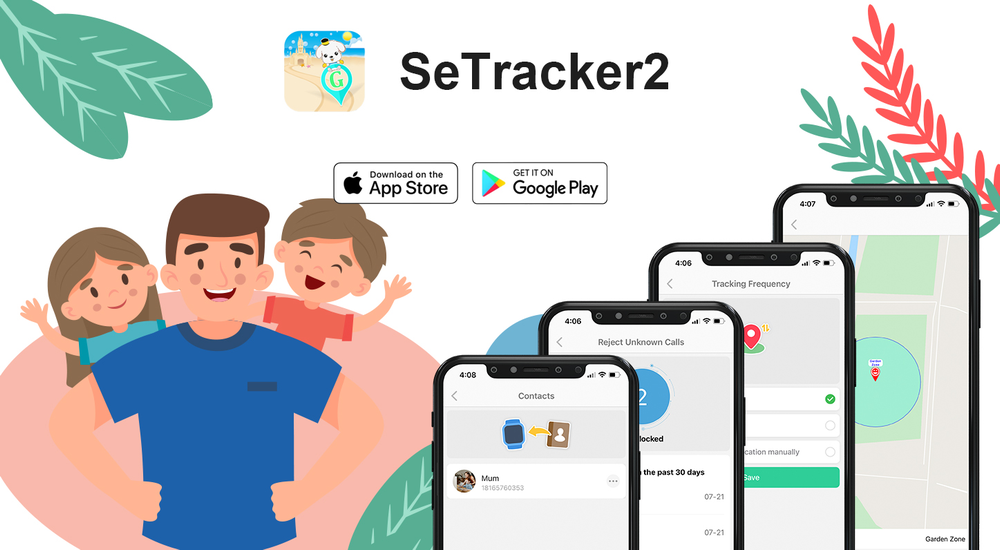 Grafika przedstawia rodzinę z dwójką dzieci oraz cztery ekrany aplikacji SeTracker2 na smartfonach. Widoczne są także logotypy App Store i Google Play oraz tekst \'SeTracker2\'.