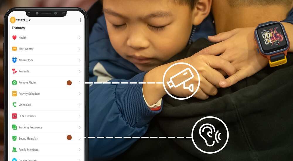 Na obrazie widać dziecko przytulające osobę dorosłą, na której nadgarstku znajduje się smartwatch z kolorowym wyświetlaczem. Obok znajduje się ekran telefonu z aplikacją, na którym widoczne są funkcje takie jak Health, Alert Center, Alarm Clock, Rewards, Remote Photo, Activity Schedule, Video Call, SOS Numbers, Tracking Frequency, Sound Guardian, Family Members.