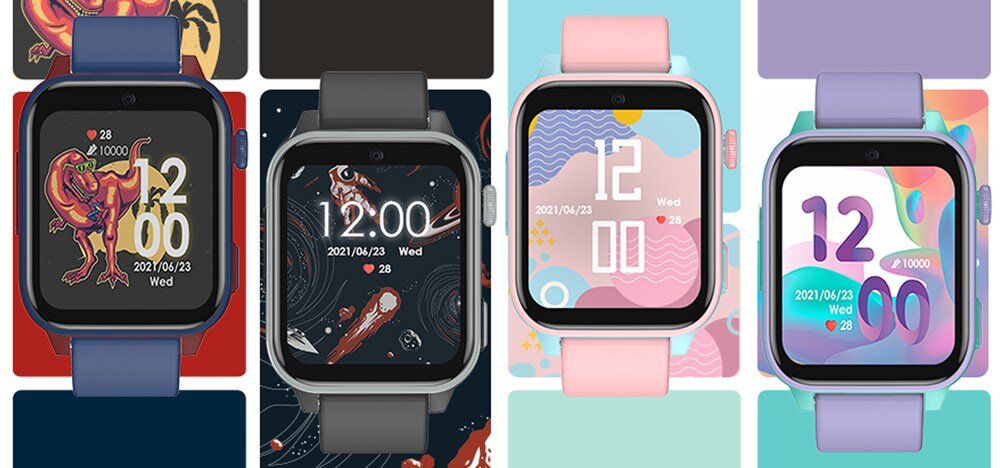 Cztery smartwatche z różnymi tarczami i kolorami pasków: granatowy, czarny, różowy i fioletowy. Na tarczach widoczne są różne motywy graficzne oraz data \'2021/06/23\' i liczba \'28\'.