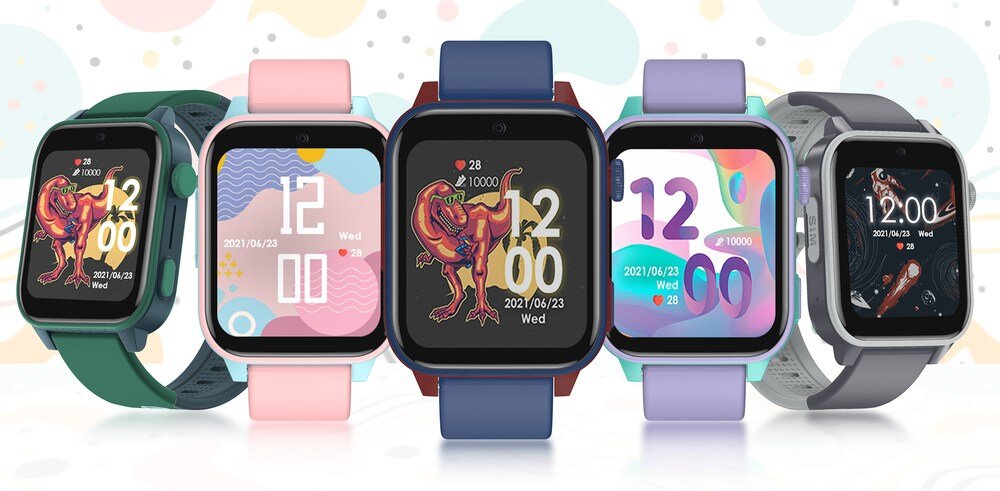 Na obrazie widoczne są pięć smartwatchy z różnymi kolorowymi paskami i tarczami, na których wyświetlane są różne wzory i godziny. Na tarczach widoczne są daty: 2021/04/23 i 2021/06/23 oraz godzina 12:00.