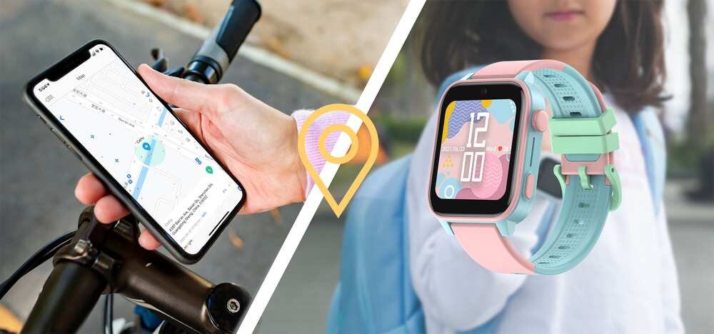 Obraz przedstawia osobę trzymającą smartfon z mapą oraz smartwatch z kolorowym paskiem i wyświetlaczem pokazującym godzinę 12:00. Na środku znajduje się symbol lokalizacji.