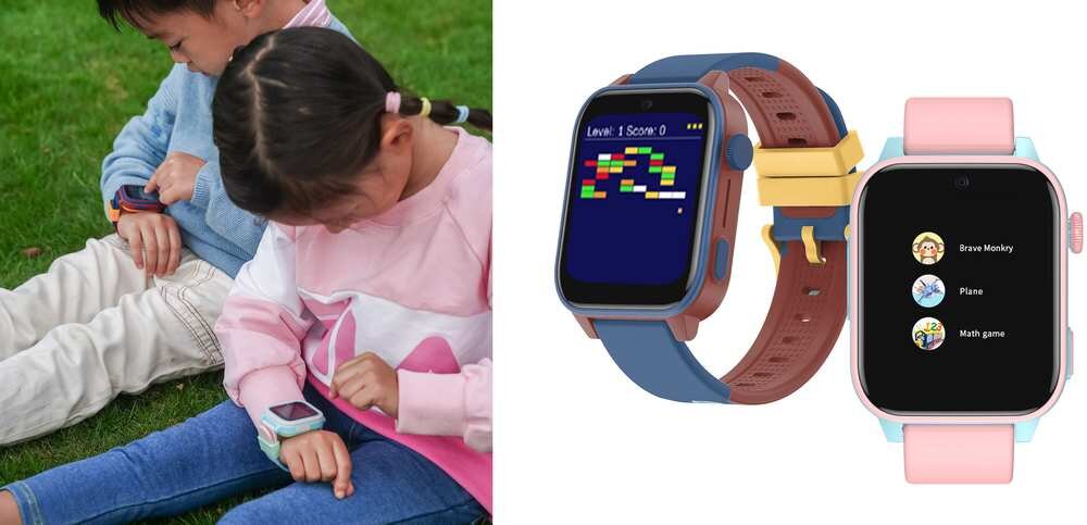 Po lewej stronie dwoje dzieci siedzi na trawie, każde z nich ma na ręku smartwatch. Po prawej stronie widoczne są dwa smartwatche z kolorowymi paskami, na jednym z nich wyświetla się gra, a na drugim lista aplikacji.