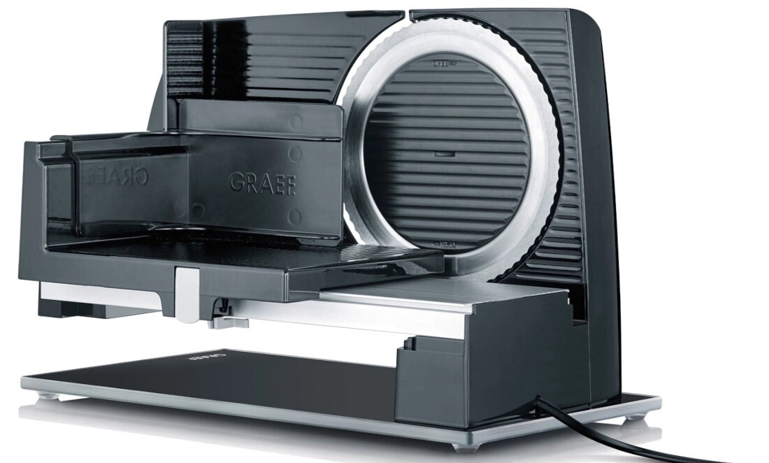 Krajalnica GRAEF Style S12 Twin Czarny pasuje do każdej kuchni Elegancka czarna konstrukcja ze szklaną podstawą z minimalistycznym designem