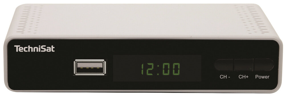 Na obrazie widoczny jest dekoder z logo \'TechniSat\' na przednim panelu. Wyświetlacz pokazuje godzinę \'12:00\', a obok znajduje się port USB oraz przyciski CH-, CH+ i Power.