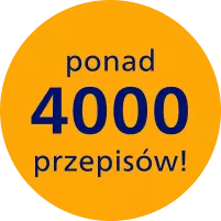 Pomarańczowe koło z napisem \'ponad 4000 przepisów!\' w kolorze granatowym.