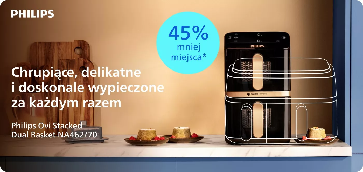 Na obrazie widoczna jest frytkownica beztłuszczowa marki PHILIPS z napisem \'RapidAir Technology\'. Obok urządzenia znajduje się tekst: \'Chrupiące, delikatne i doskonale wypieczone za każdym razem\', a w niebieskim kole napis \'45% mniej miejsca*\'.