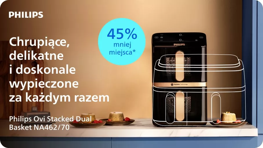 Obraz przedstawia frytkownicę beztłuszczową marki PHILIPS z napisem \'Chrupiące, delikatne i doskonale wypieczone za każdym razem\'. Obok urządzenia znajduje się niebieskie koło z tekstem \'45% mniej miejsca*\'.