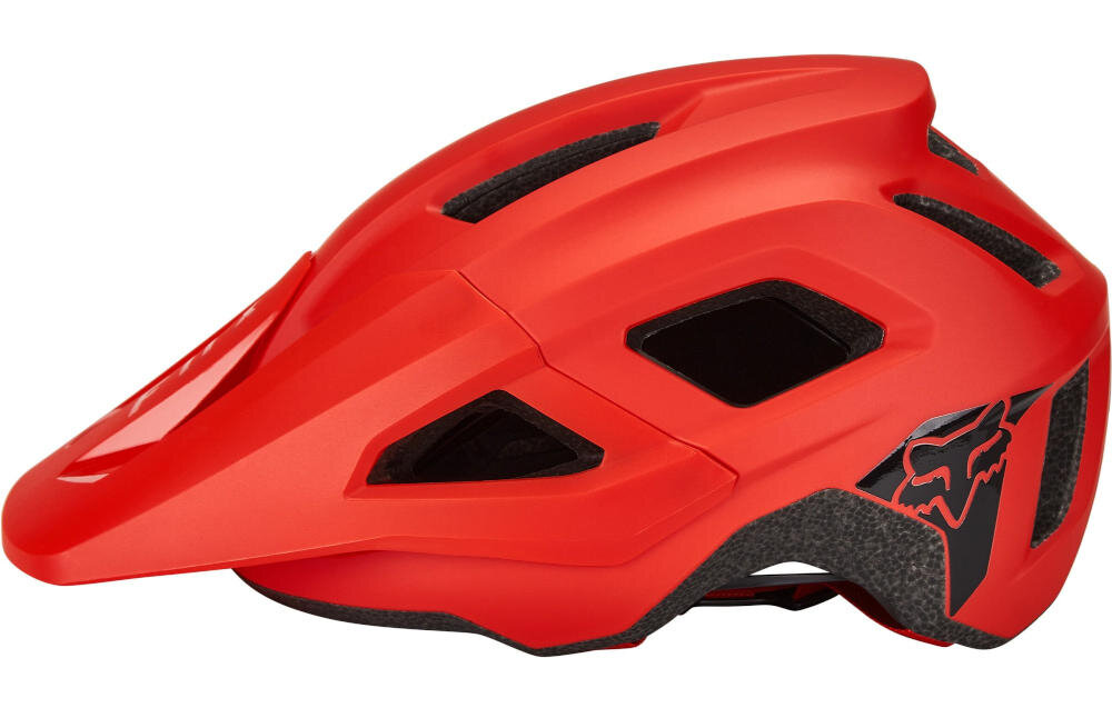 Czerwony kask rowerowy z czarnymi otworami wentylacyjnymi i logo w kształcie lisa na boku.