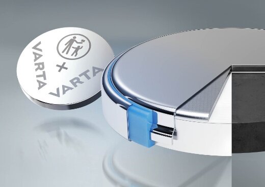Zbliżenie na baterię VARTA CR2032 i przekrój konstrukcji technicznej ogniwa.