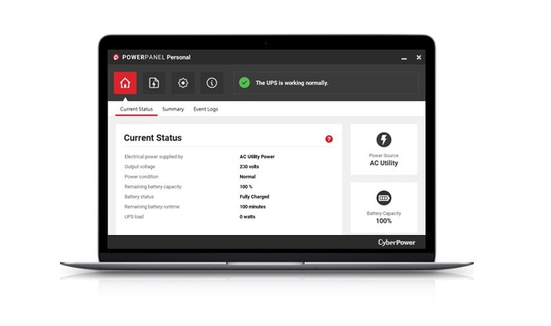 Na ekranie laptopa wyświetlony jest interfejs oprogramowania PowerPanel Personal z informacjami o statusie zasilacza UPS. Widoczne dane to m.in. napięcie wyjściowe 230 voltów, stan baterii 100% i czas pracy 100 minut.