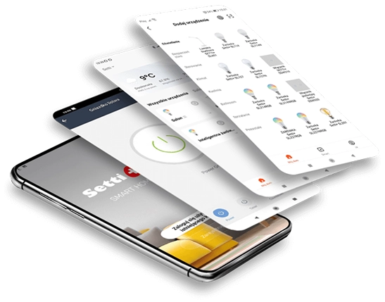 Obraz przedstawia smartfon z kilkoma nakładającymi się ekranami aplikacji. Na ekranach widoczne są ikony żarówek, temperatura 9°C oraz teksty takie jak \'Setti+\', \'SMART HOME\' i \'Dodaj urządzenie\'.