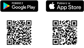 Obraz przedstawia dwa kody QR. Nad lewym kodem znajduje się napis \'POBIERZ Z Google Play\', a nad prawym \'POBIERZ W App Store\'.