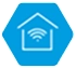 Niebieska ikona w kształcie sześciokąta z białym symbolem domu i sygnałem Wi-Fi wewnątrz.