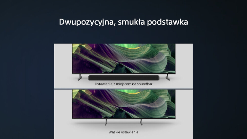 Obraz przedstawia telewizor z dwoma różnymi ustawieniami podstawki: \'Ustawienie z miejscem na soundbar\' i \'Wąskie ustawienie\'. Na ekranie widoczna jest abstrakcyjna grafika w odcieniach zieleni i fioletu.