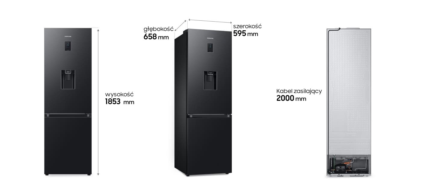 Na obrazie widoczna jest czarna lodówka z podajnikiem wody, oznaczona logo \'SAMSUNG\'. Wymiary to: wysokość 1853 mm, głębokość 658 mm, szerokość 595 mm, a kabel zasilający ma długość 2000 mm.