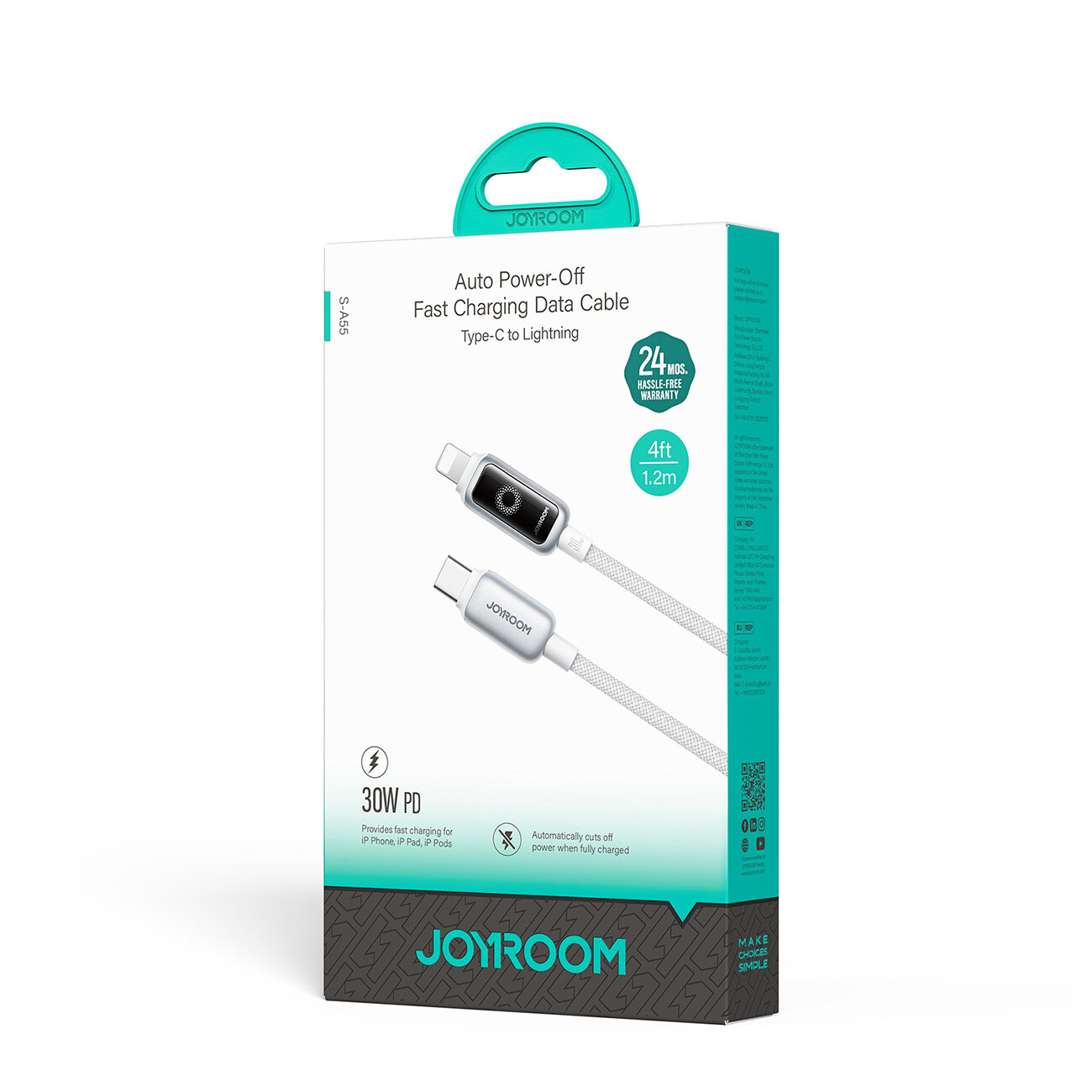 Opakowanie kabla USB-C do Lightning z funkcją automatycznego wyłączania zasilania. Na opakowaniu widnieje napis: \'Auto Power-Off Fast Charging Data Cable Type-C to Lightning\', \'24 mos. hassle-free warranty\', \'4ft 1.2m\', \'30W PD\'.