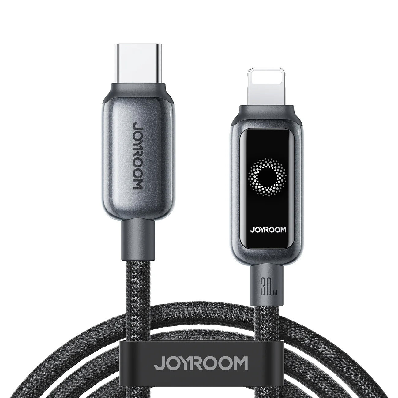 Na obrazie widoczny jest kabel z końcówkami USB-C i Lightning, z logo \'JOYROOM\' na obu końcówkach. Kabel jest opleciony i posiada opaskę z napisem \'JOYROOM\'.