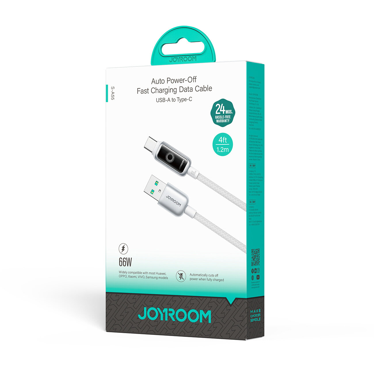 Opakowanie kabla USB-A do USB-C z funkcją szybkiego ładowania i automatycznym wyłączaniem zasilania. Na opakowaniu widnieje logo \'JOYROOM\' oraz informacje o długości kabla 1,2 m i mocy 66W.