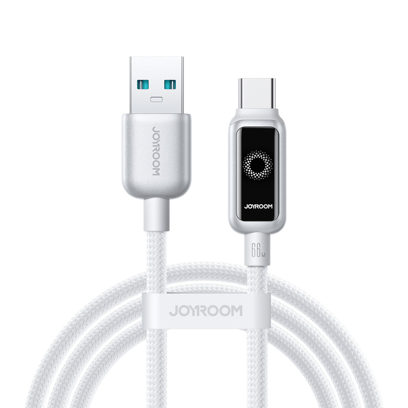 Na obrazie widoczny jest biały kabel USB-A do USB-C z oplotem, z logo \'JOYROOM\' na obu końcówkach. Na jednej z końcówek znajduje się napis \'66W\'.
