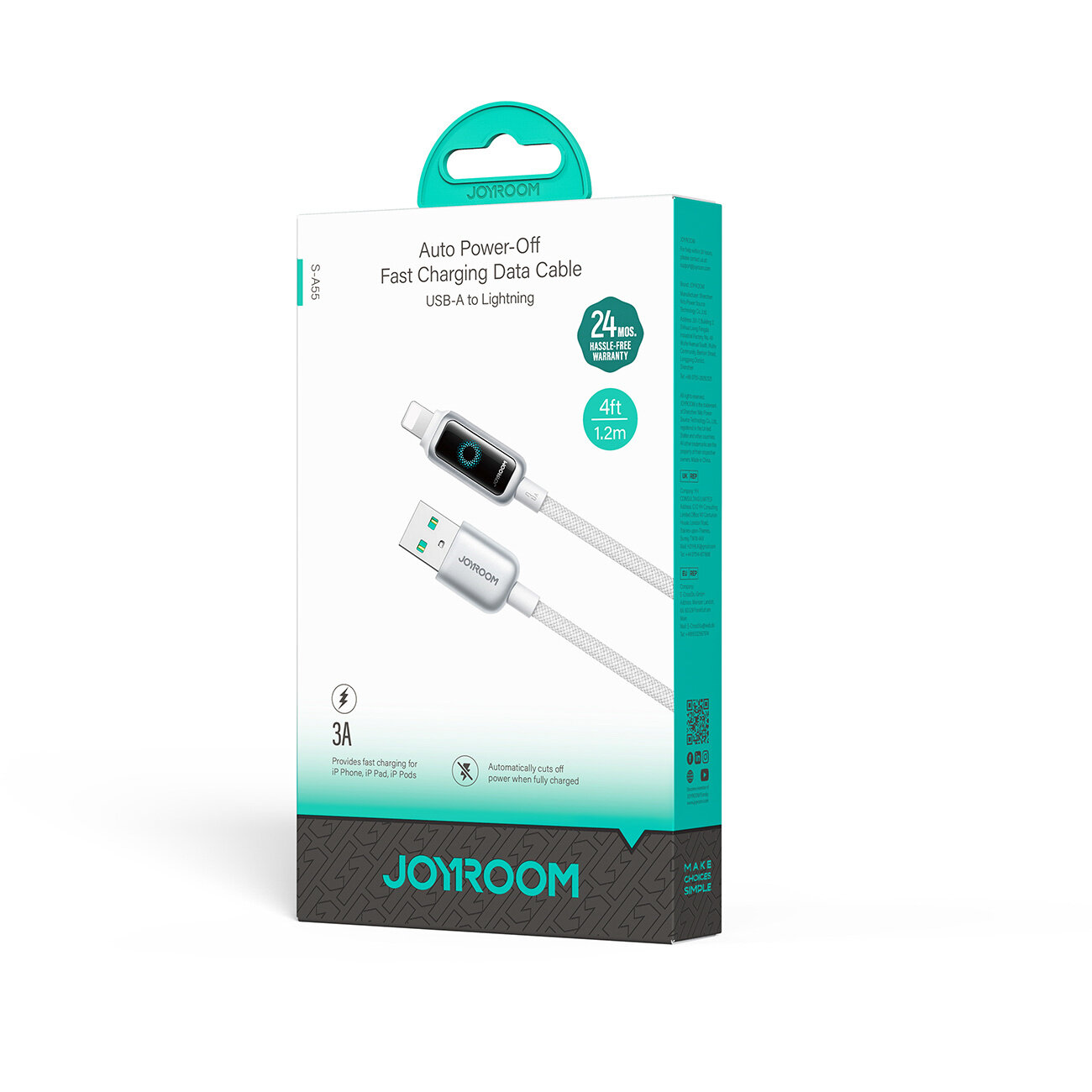 Opakowanie kabla USB-A do Lightning z funkcją automatycznego wyłączania zasilania, o długości 1,2 m. Na opakowaniu widnieje logo \'JOYROOM\' oraz informacje o szybkim ładowaniu i gwarancji na 24 miesiące.
