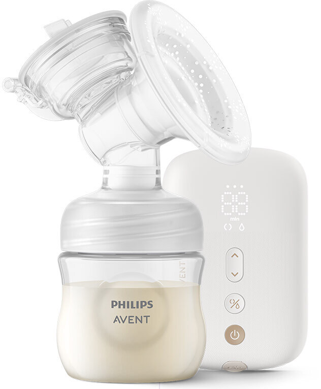 Na obrazie widoczny jest laktator z przezroczystą butelką, na której znajduje się napis \'PHILIPS AVENT\'. Obok znajduje się biały panel sterujący z wyświetlaczem i kilkoma przyciskami.