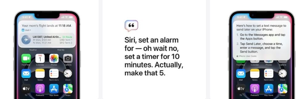 Obraz przedstawia trzy ekrany smartfona z aplikacjami i powiadomieniami. Na środkowym ekranie widoczny jest tekst: \'Siri, set an alarm for — oh wait no, set a timer for 10 minutes. Actually, make that 5.\'
