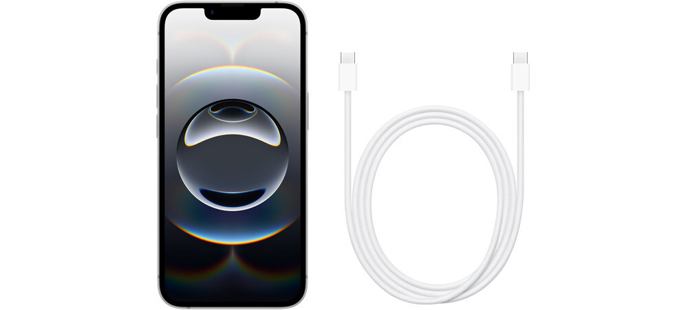 Na obrazie widoczny jest biały smartfon z wyświetlaczem przedstawiającym abstrakcyjny wzór oraz biały kabel USB-C. Tło jest jednolite i jasne.