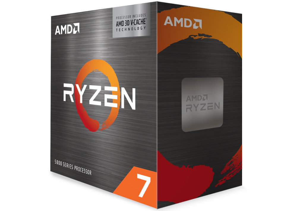 Opakowanie procesora z logo AMD i napisem \'RYZEN\'. Widoczny jest także napis \'5000 Series Processor\' oraz liczba \'7\'.