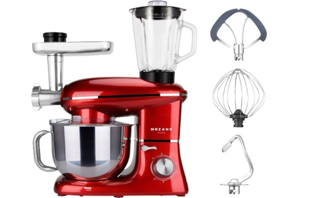 Robot kuchenny planetarny MOZANO Rob 02 1400W z blenderem kielichowym Czerwony moc pojemnosc misa naped stabilna cicha praca