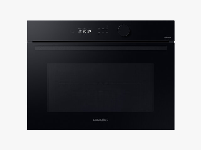 Czarny piekarnik z wyświetlaczem pokazującym godzinę 20:59 i pokrętłem sterującym. Na froncie widoczne jest logo \'SAMSUNG\'.