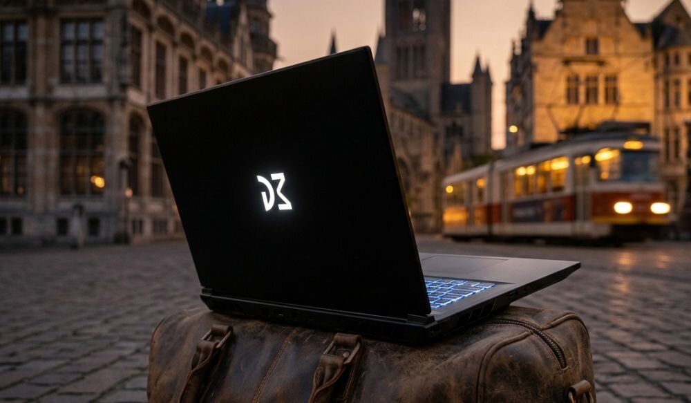 Laptop DREAMMACHINES RG5060 stoi na torbie podróżnej na miejskim placu - wsparcie łączności Wi-Fi 7
