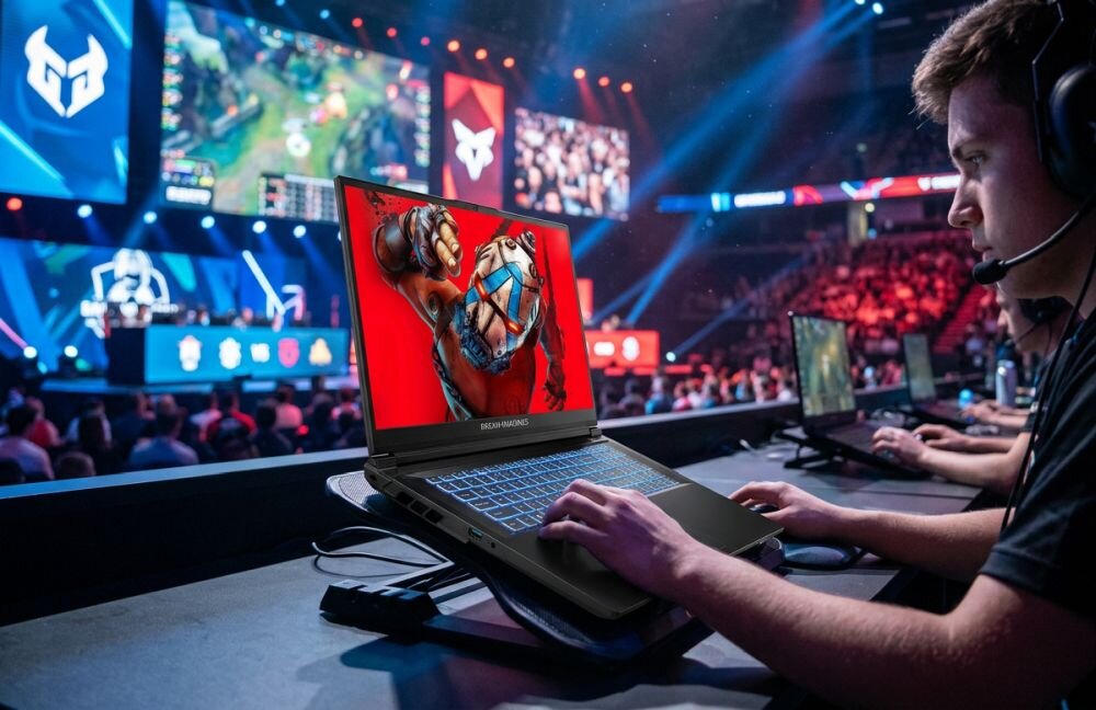 Osoba korzysta z laptopa DREAMMACHINES RT5050 z podświetlaną klawiaturą podczas turnieju e-sportowego - grafika RTX z serii 50