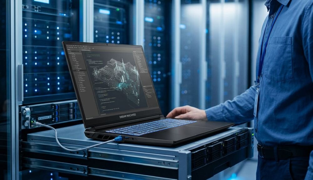 Osoba obsługuje laptop DREAMMACHINES RT5050 z podświetlaną klawiaturą w serwerowni podczas pracy IT - kamera internetowa FHD 2.0M