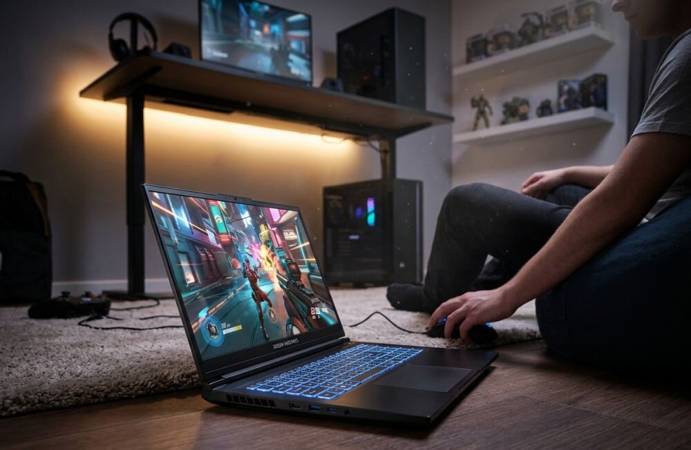 Osoba gra na laptopie DREAMMACHINES RT5050 z podświetlaną klawiaturą w domowym pokoju gracza - dysk SSD 