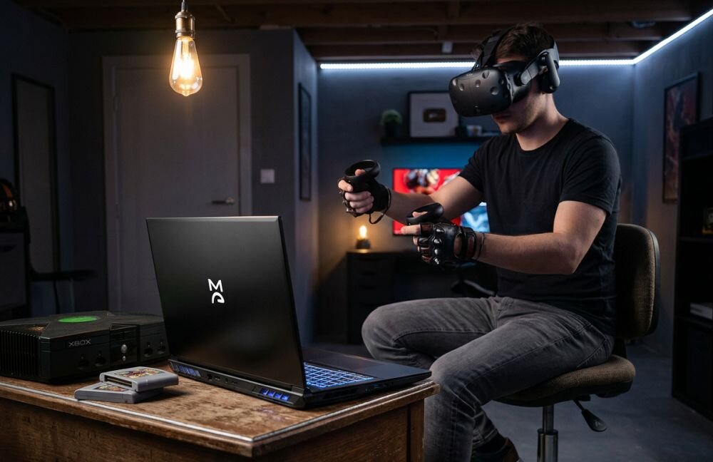 Osoba korzysta z laptopa DREAMMACHINES RT5050 podczas rozgrywki VR z goglami wirtualnej rzeczywistości - porty HDMI 2.1 i Mini DisplayPort 1.4