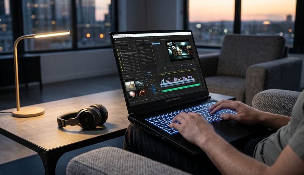Osoba edytuje materiał wideo na laptopie DREAMMACHINES RT5050 z podświetlaną klawiaturą podczas pracy kreatywnej - wielokolorowe podświetlenie