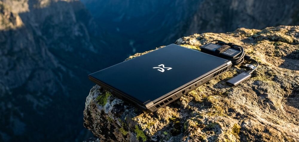 Laptop DREAMMACHINES RT5050 z licznymi portami komunikacyjnymi leży na skale podczas pracy mobilnej - bateria 53.35 Wh i zasilacz 180 W