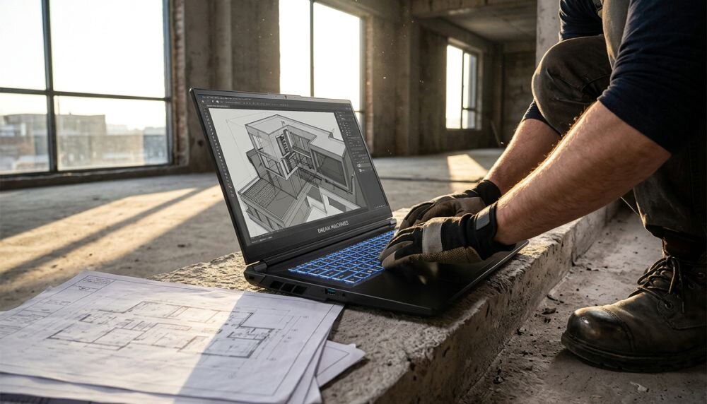 Osoba pracuje na laptopie DREAMMACHINES RT5050 z projektem architektonicznym 3D - procesor AMD Ryzen 7 H255 