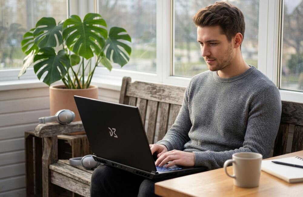 Osoba korzysta z laptopa DREAMMACHINES RT5050 z podświetlaną klawiaturą podczas pracy zdalnej - 16 GB RAM DDR5