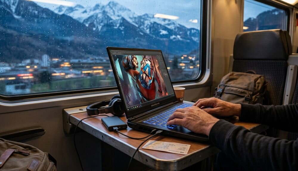 Osoba edytuje grafikę na laptopie DREAMMACHINES RT5050 podczas pracy kreatywnej w pociągu - ekran 17,3 cala FHD 144 Hz