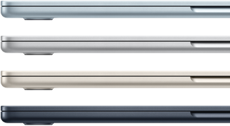 Obraz przedstawia cztery laptopy w różnych kolorach: błękitnym, srebrnym, złotym i ciemnym, ułożone jeden nad drugim, widoczne z boku.