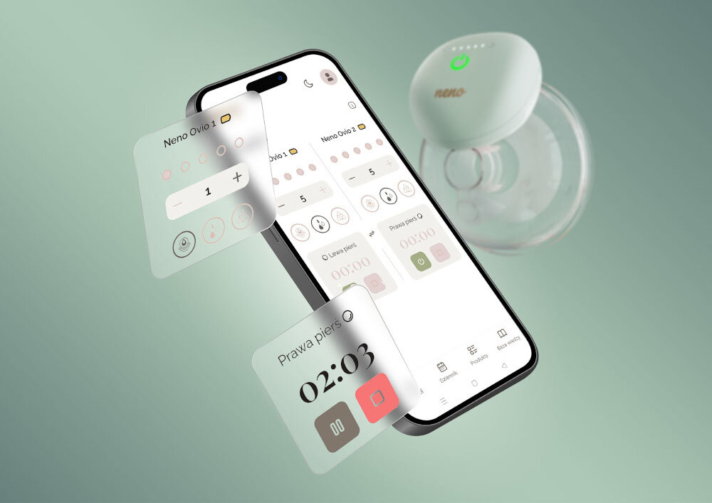 Na obrazie widoczny jest smartfon z aplikacją do obsługi laktatora oraz sam laktator z logo \'neno\'. Na ekranie telefonu widać teksty: \'Neno Ovio 1\', \'Neno Ovio 2\', \'Prawa pierś\', \'02:03\'.