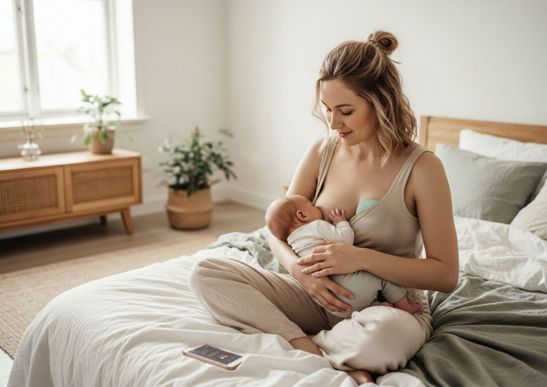 Kobieta siedzi na łóżku, karmiąc niemowlę. W tle widać roślinę doniczkową i drewnianą komodę.