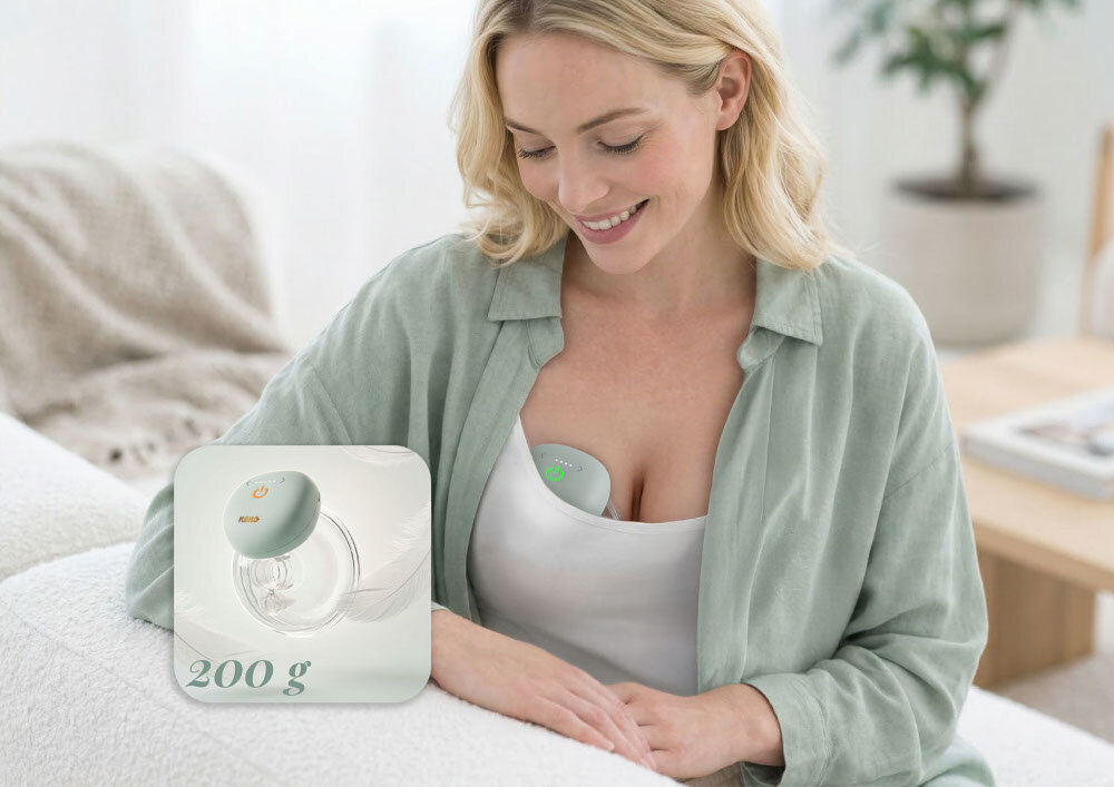 Osoba siedzi na kanapie, używając laktatora umieszczonego na piersi. W lewym dolnym rogu widoczny jest zbliżony obraz laktatora z napisem \'200 g\'.