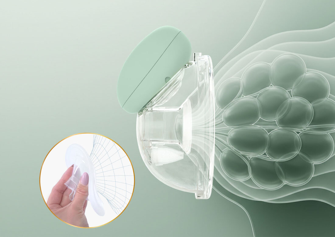 Obraz przedstawia przezroczysty element laktatora z zielonym elementem na tle schematu anatomicznego. W okrągłym wstawce widoczna jest dłoń trzymająca silikonową część urządzenia.